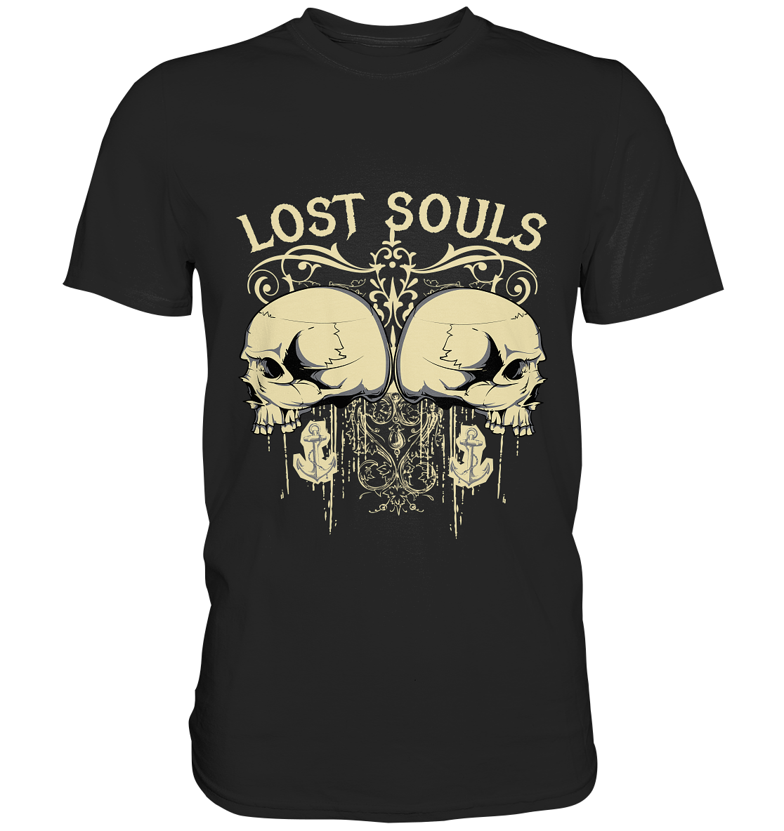 Schwarzes T-Shirt mit Schädel und Anker im Vintage Gothic-Stil, Schriftzug „Lost Souls“ – düster, retro und rebellisch.