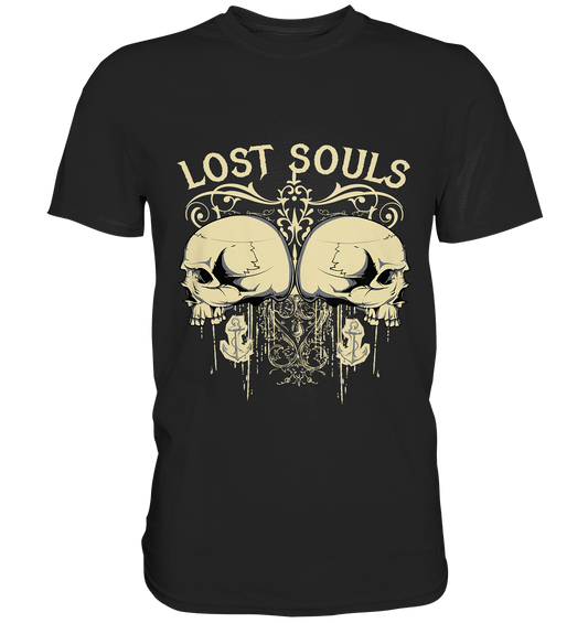 Schwarzes T-Shirt mit Schädel und Anker im Vintage Gothic-Stil, Schriftzug „Lost Souls“ – düster, retro und rebellisch.