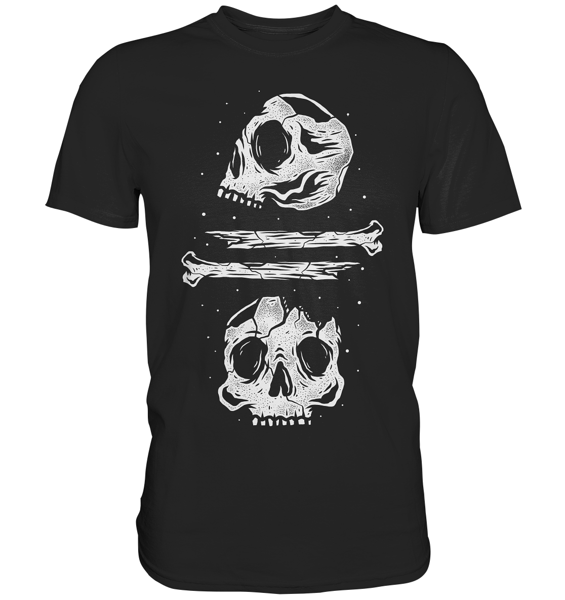 Schwarzes T-Shirt mit zwei Skulls und Knochen, kunstvoll gezeichnet.