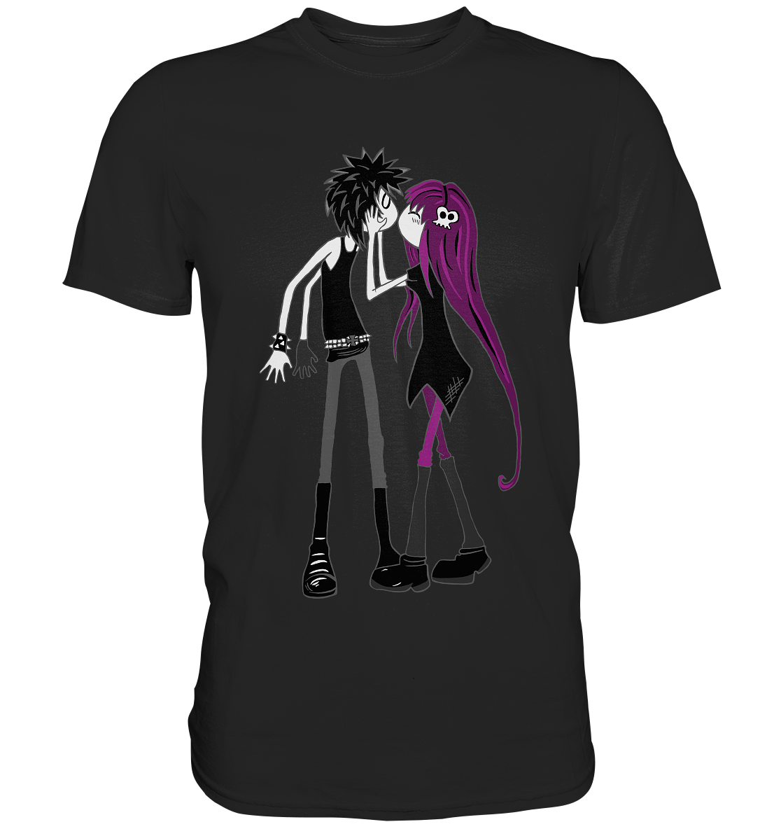 Schwarzes Shirt mit küssendem Gothic-Punk Paar , romantisch und rebellisch.