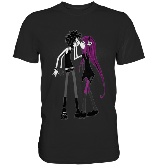Schwarzes Shirt mit küssendem Gothic-Punk Paar , romantisch und rebellisch.