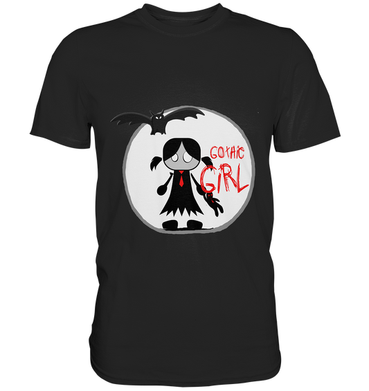 Schwarzes T-Shirt mit süßem Gothic Girl vor einem leuchtenden Vollmond – verträumt, dunkel und stilvoll.