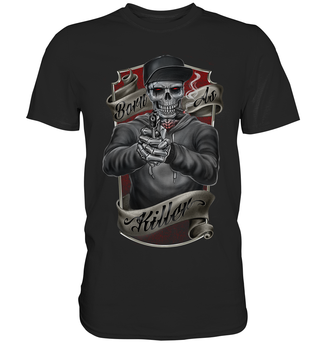 Schwarzes T-Shirt mit Gothic-Schriftzug „Born as a killer“, provokant und düster im Dark Style.
