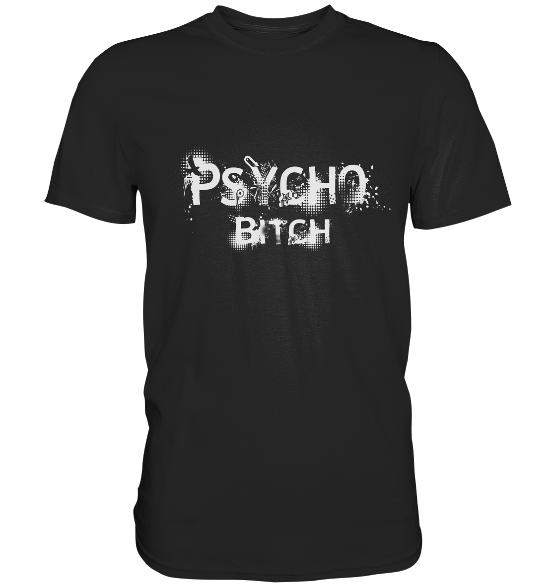 Schwarzes T-Shirt mit psychedelischem Schriftzug „Psycho Bitch“ – wild, provokant und stylisch laut.