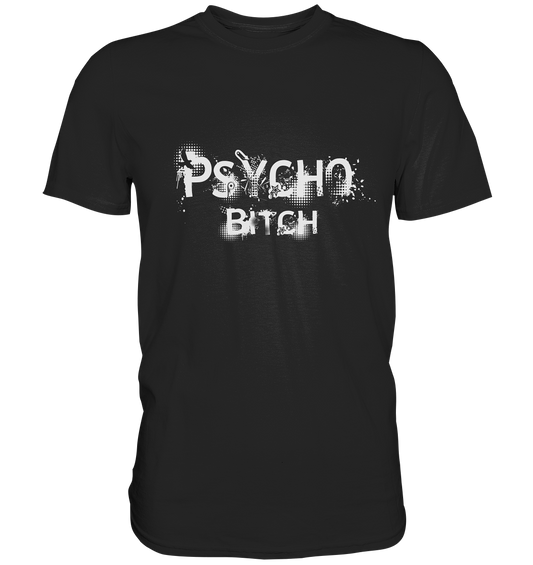 Schwarzes T-Shirt mit psychedelischem Schriftzug „Psycho Bitch“ – wild, provokant und stylisch laut.