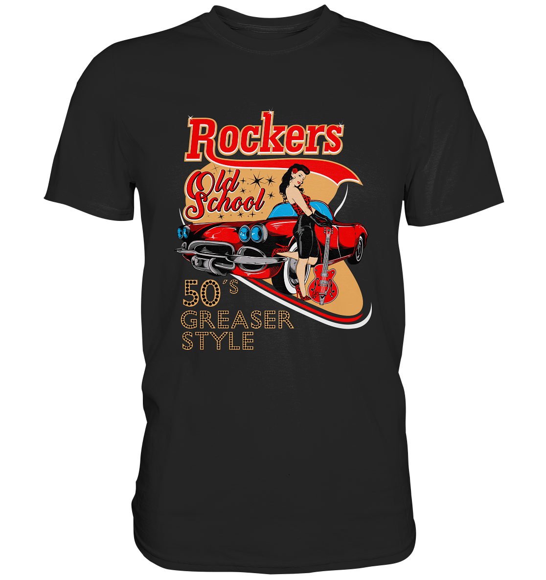 T-Shirt mit Rockers Old School 50s Greaser Style Design, Medium Fit, 100 % Baumwolle, Retro Rock’n’Roll Look.