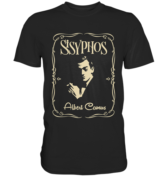Schwarzes T-Shirt mit sepiafarbenem Porträt von Albert Camus und Schriftzug „Sisyphos“ auf der Vorderseite