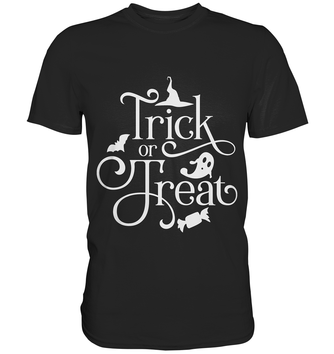 Schwarzes Shirt mit stylischem Halloween-Spruch „Trick or Treat“, klassisches Gruselmotiv.