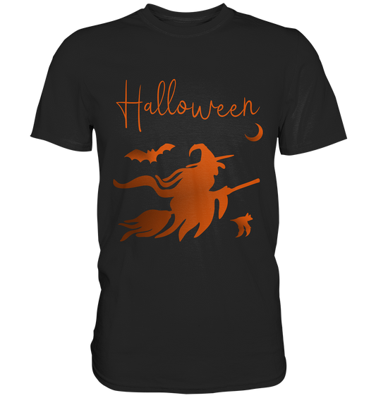 Schwarzes Shirt mit fliegender Hexe auf Besen, düsteres Halloween-Design in kräftigem Orange.