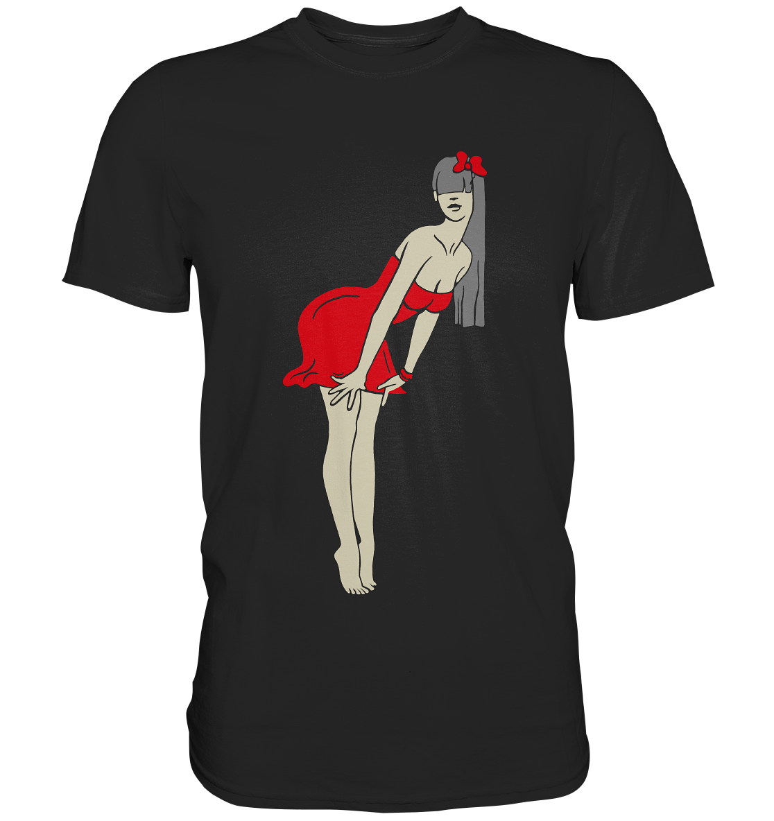 Schwarzes Shirt mit Pin-Up Girl im roten Kleid im 50er Jahre Rockabilly-Stil, frech und stilvoll.

