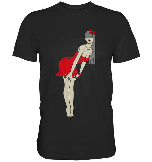 Schwarzes Shirt mit Pin-Up Girl im roten Kleid im 50er Jahre Rockabilly-Stil, frech und stilvoll.


