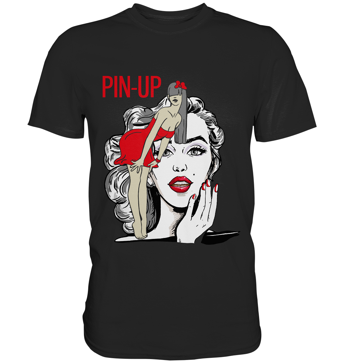 Schwarzes Shirt mit Retro Pin-Up Girl im Fifties Rockabilly Style, lässig und charmant gezeichnet.