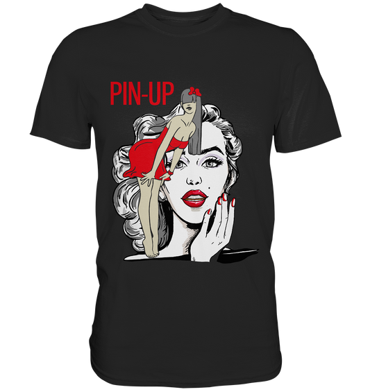 Schwarzes Shirt mit Retro Pin-Up Girl im Fifties Rockabilly Style, lässig und charmant gezeichnet.