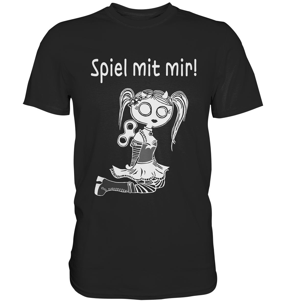 Schwarzes Shirt mit Gothic-Puppe mit Aufziehschlüssel und Schriftzug Spiel mit mir!
