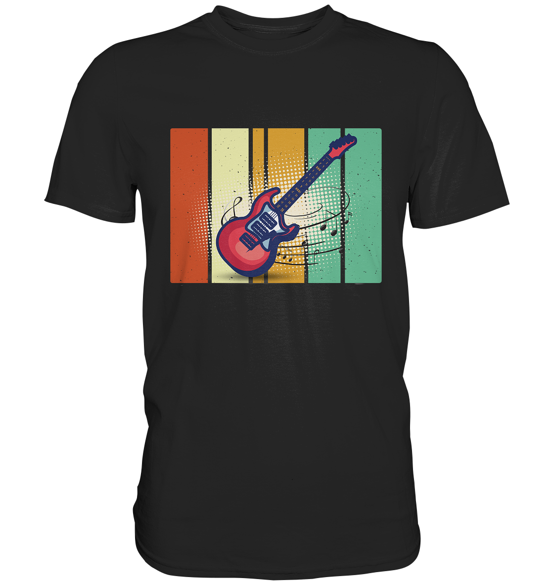 Schwarzes T-Shirt mit Retro-Gitarrenmotiv im Vintage-Stil ohne Schrift
