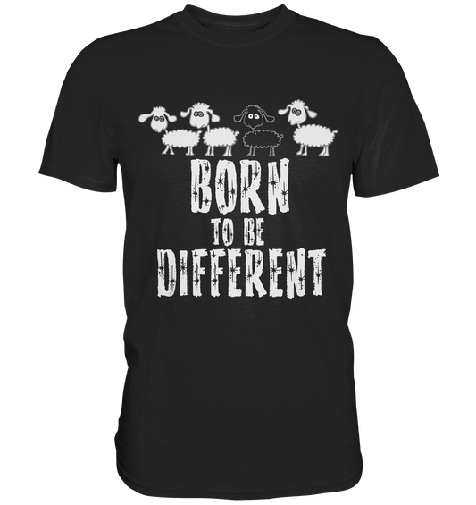Schwarzes T-Shirt mit Motiv: drei weiße Schafe, ein schwarzes Schaf und Spruch „Born to be different“ 