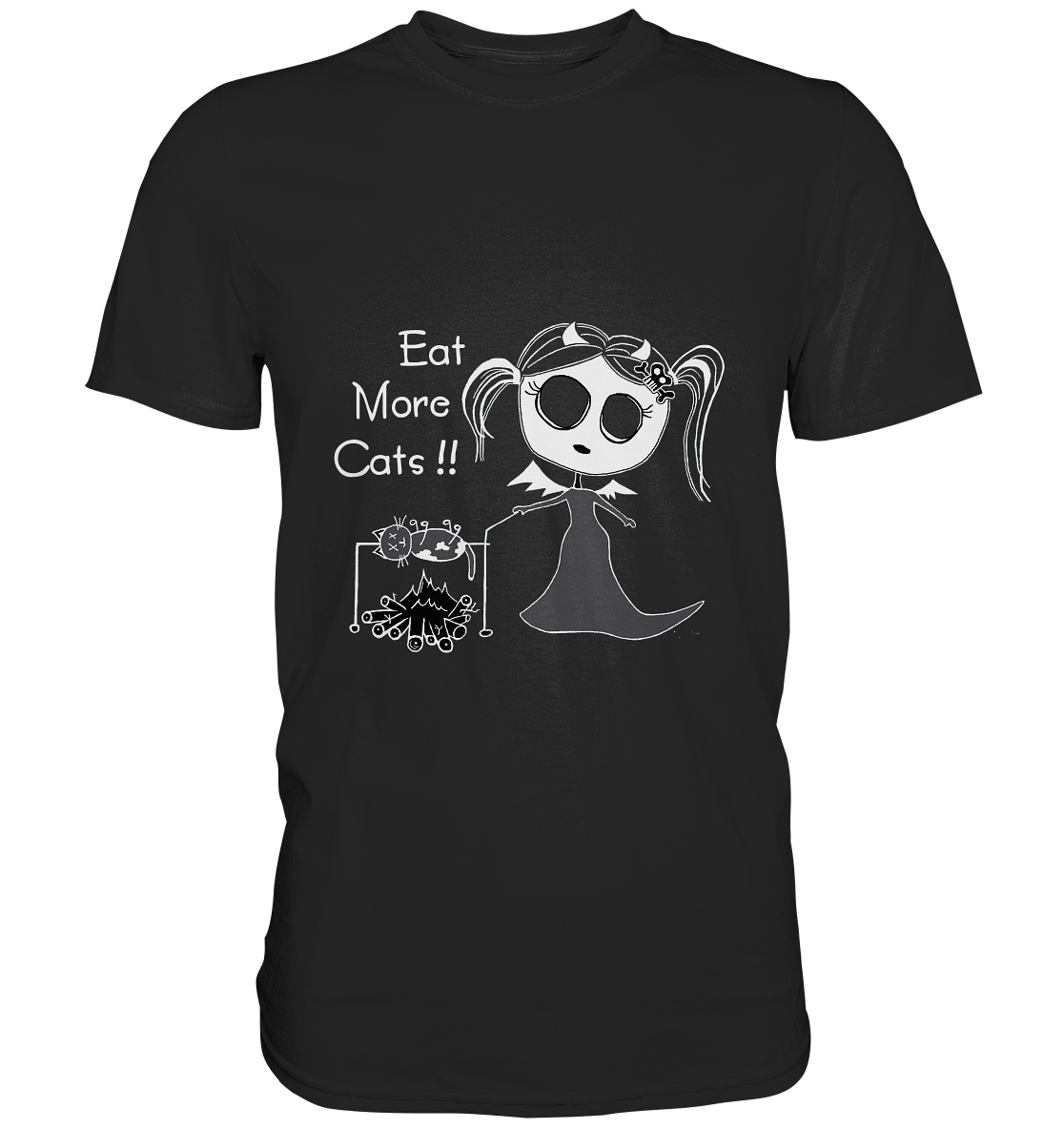 Schwarzes T-Shirt mit Vampirmädchen und Katze am Spieß, Aufschrift „Eat More Cats!“, Gothic Humor Design.
