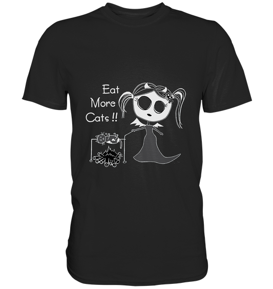 Schwarzes T-Shirt mit Vampirmädchen und Katze am Spieß, Aufschrift „Eat More Cats!“, Gothic Humor Design.
