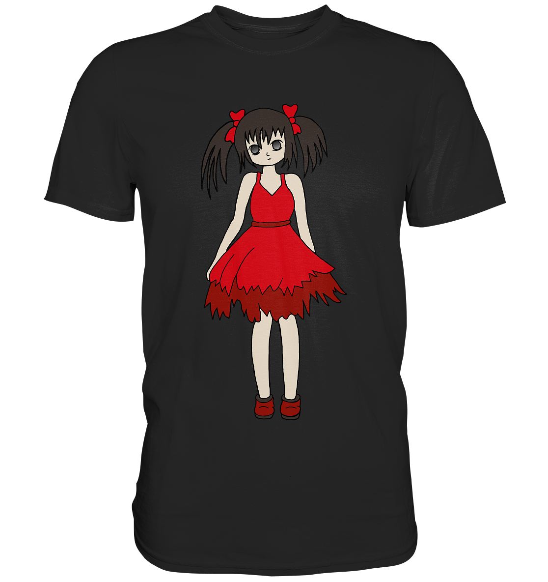 Schwarzes Shirt mit Manga-Mädchen in rotem Kleid, im japanischen Comic-Stil gezeichnet.