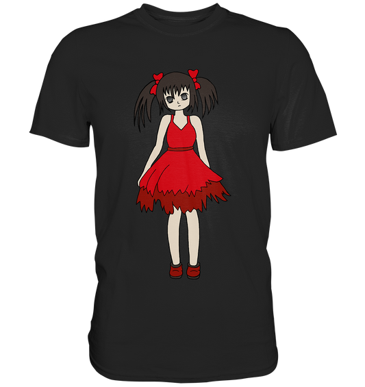 Schwarzes Shirt mit Manga-Mädchen in rotem Kleid, im japanischen Comic-Stil gezeichnet.