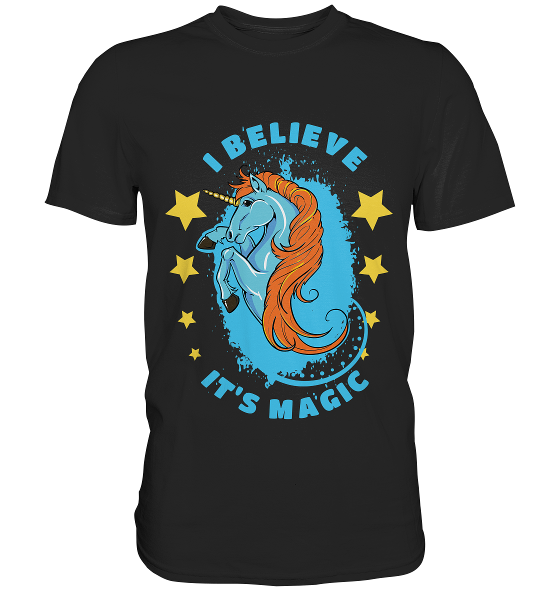 T-Shirt mit blauem, steigenden Einhorn und Spruch „I believe it’s magic“ – magisch und traumhaft schön.