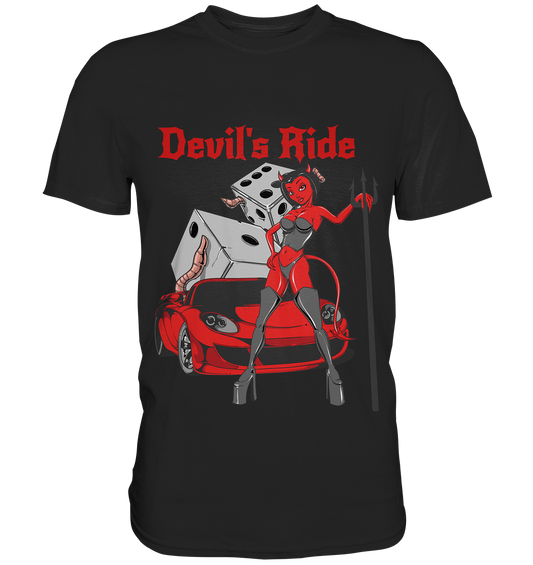 Schwarzes T-Shirt mit Teufelin im Sportwagen, Würfeln und Vintage-Rockabilly-Style, frech und höllisch stylisch.