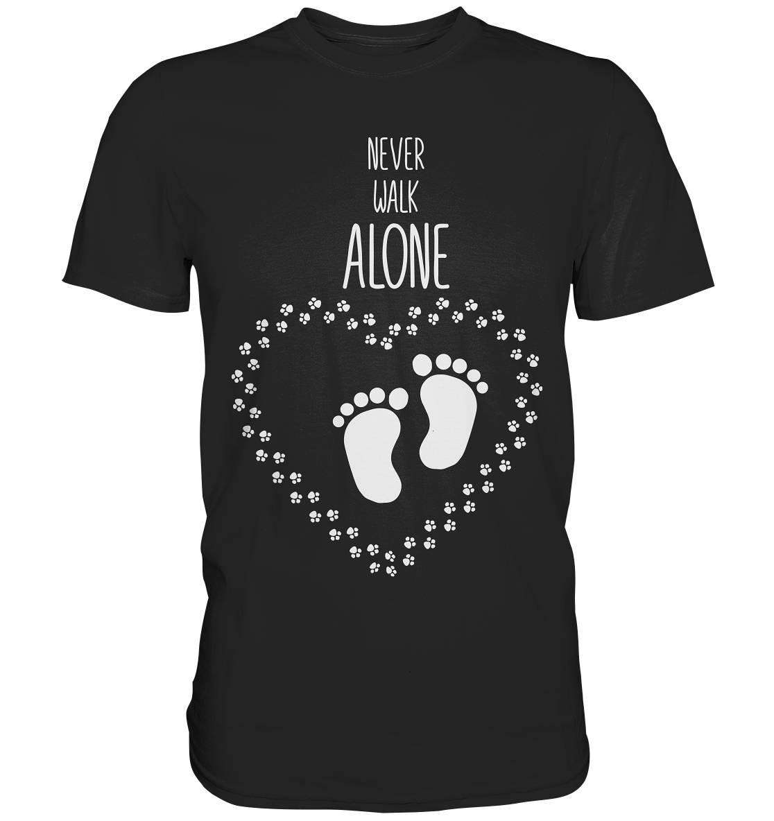 Schwarzes Shirt mit Pfoten- und Fußabdrücken, Herzsymbol und dem Spruch „Never walk alone“.