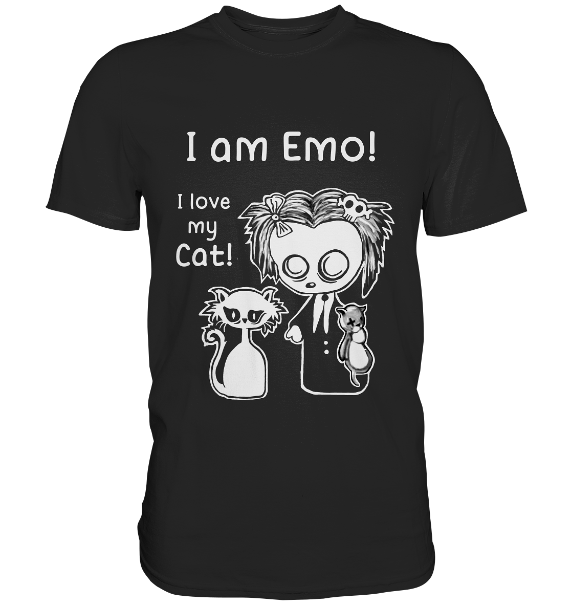Schwarzes Shirt mit Emo Punk und Katze und Schriftzug I am Emo I love my cat