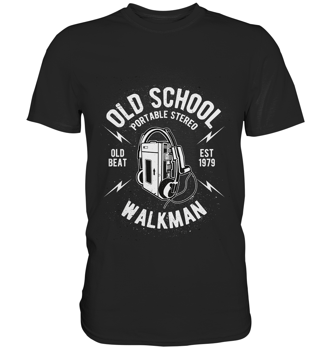 Schwarzes T-Shirt mit Vintage Walkman-Motiv und dem Schriftzug „Old School“ im Retro-Design