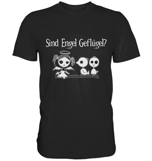 Schwarzes T-Shirt mit frechem Engel im Gothic-Comic-Stil und Schriftzug „Sind Engel Geflügel?“, schwarz-weißes düsteres Design.