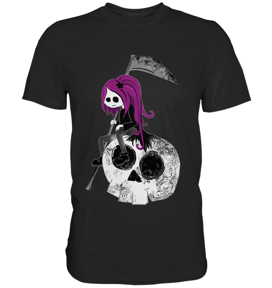 Schwarzes Shirt mit traurig sitzendem Gothic-Sensemädchen auf einem großen Totenschädel.