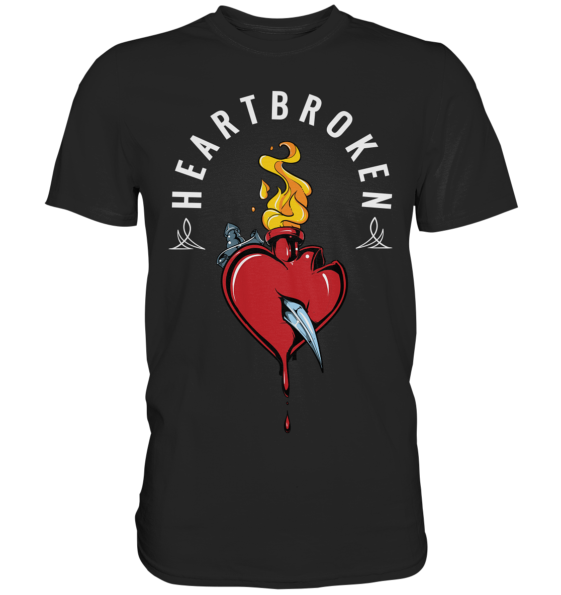 Schwarzes T-Shirt mit blutendem Herz und Dolch im klassischen Tattoo-Stil – Schriftzug „Heartbroken“, Retro-Design mit Gefühl.