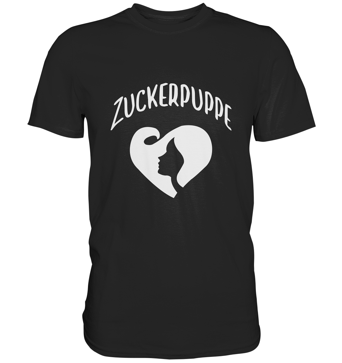 Schwarzes T-Shirt mit weißem Schriftzug „Zuckerpuppe“ und stilisiertem Frauengesicht auf der Vorderseite