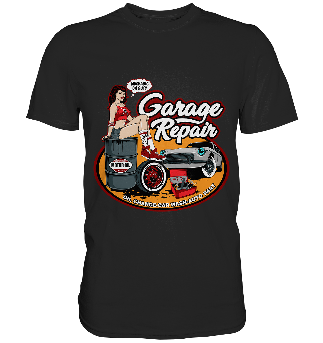 T-Shirt (schwarz) mit Rockabilly Pinup Girl und Hotrod im Retro-Garagenstil – sexy & stilvoll im Fifties-Look.