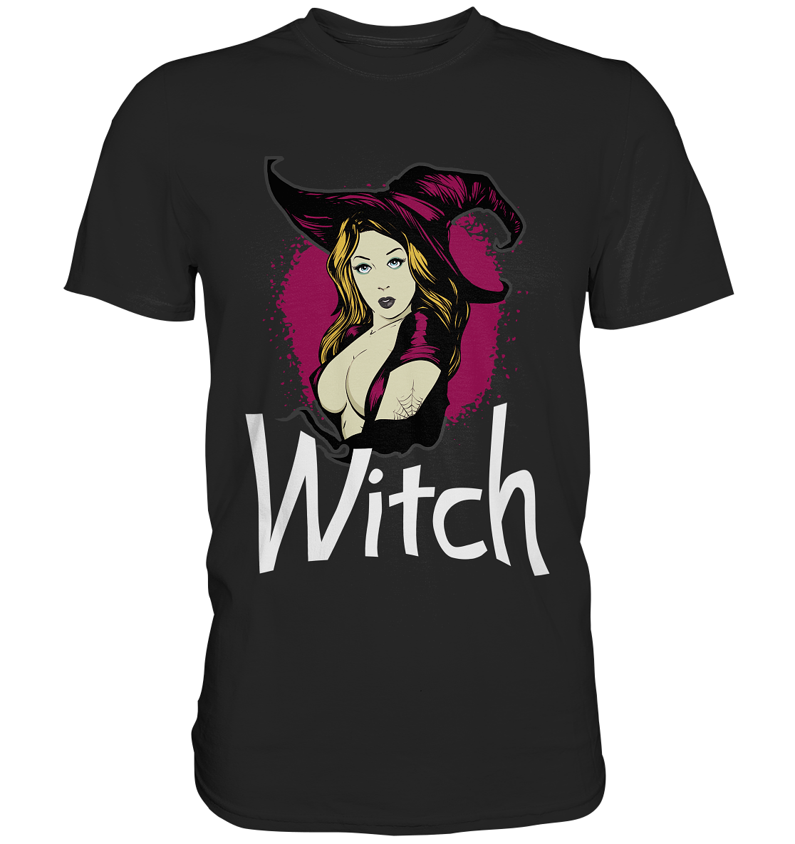 Schwarzes T-Shirt mit sexy Hexe im Halloween-Stil auf Besen – mystisch, düster 