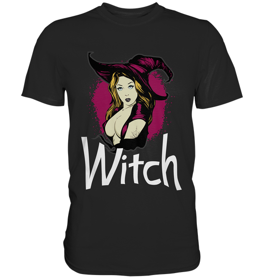 Schwarzes T-Shirt mit sexy Hexe im Halloween-Stil auf Besen – mystisch, düster 