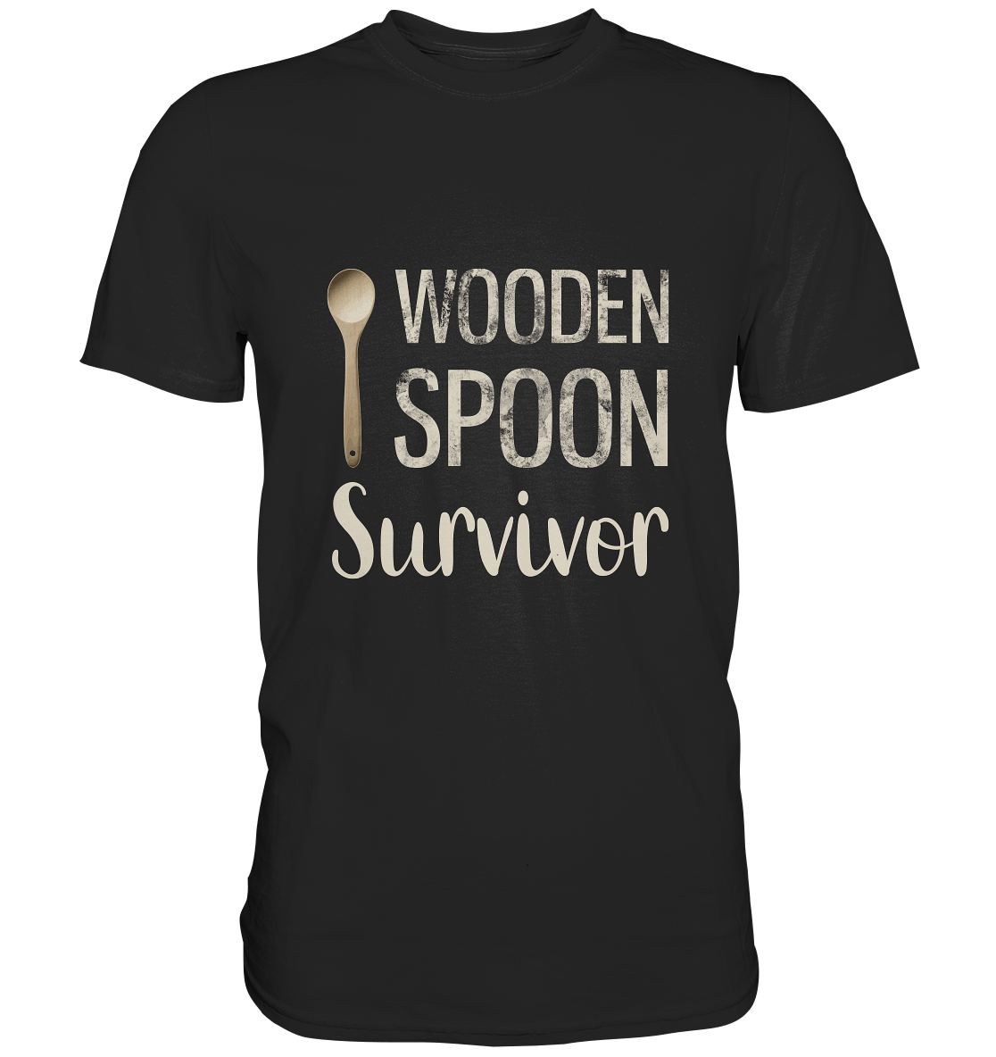 Schwarzes T-Shirt mit Aufdruck Wooden Spoon Survivor und Kochlöffel.