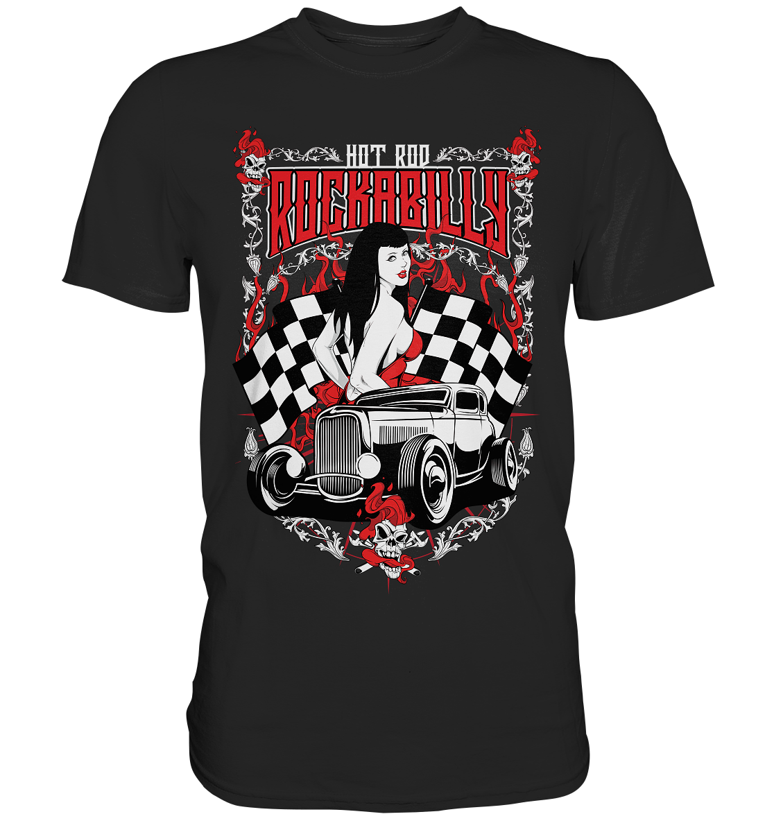 T-Shirt (schwarz) mit Hot Rod im Fifties Rockabilly Vintage-Stil – Retro-Motiv mit Oldtimer-Flair