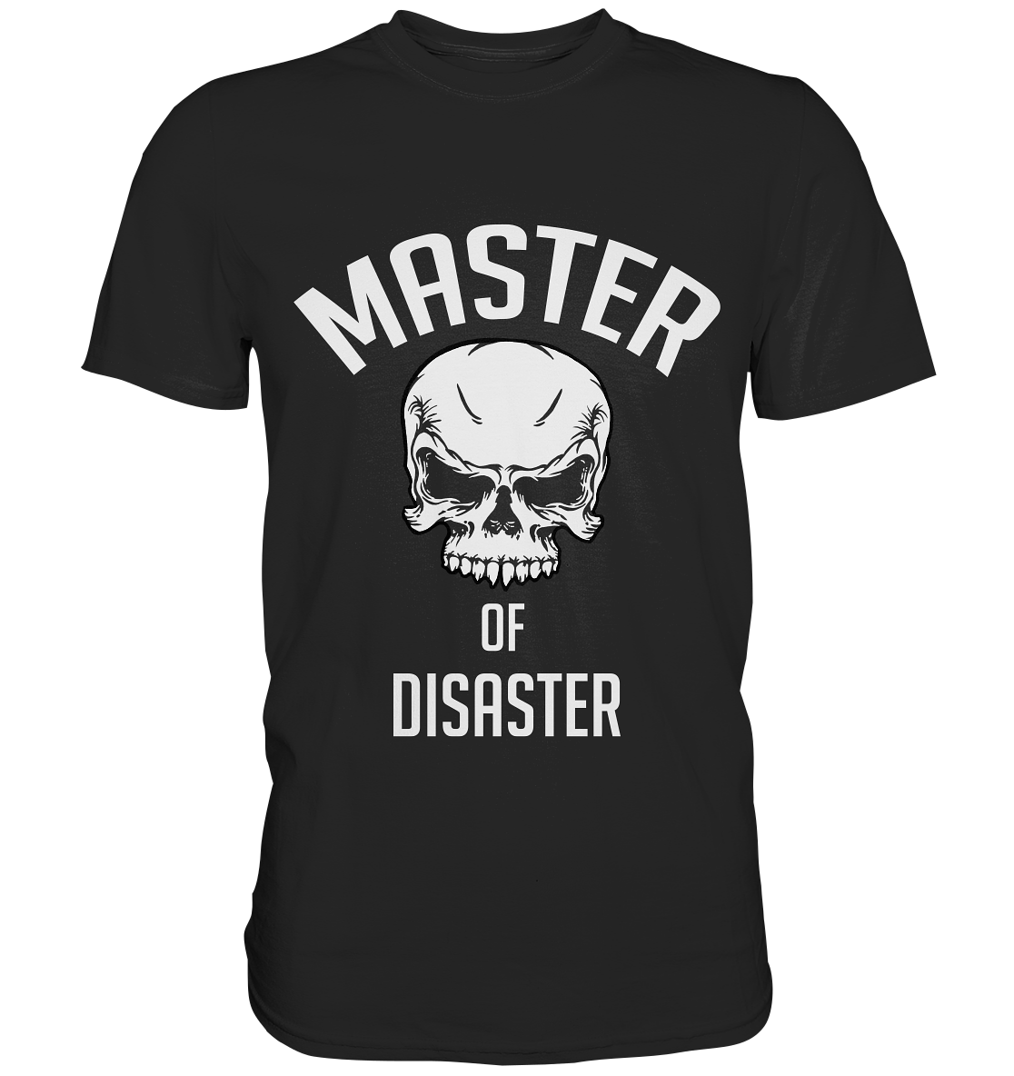 Schwarzes T-Shirt mit weißem Schriftzug „Master of Disaster“ und Totenkopf-Motiv auf der Vorderseite