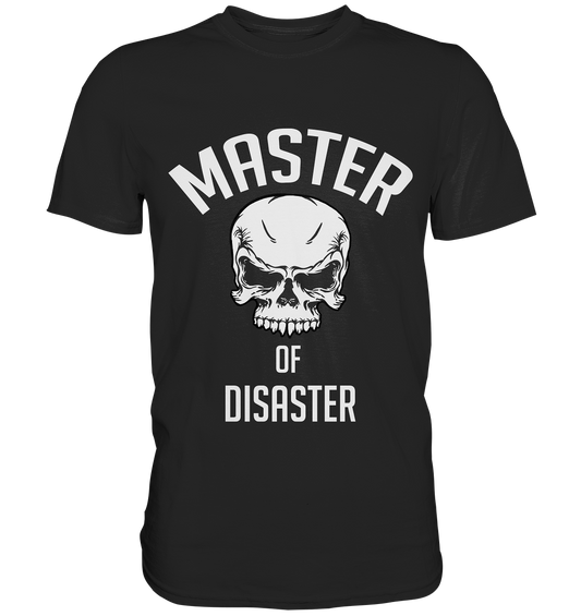 Schwarzes T-Shirt mit weißem Schriftzug „Master of Disaster“ und Totenkopf-Motiv auf der Vorderseite