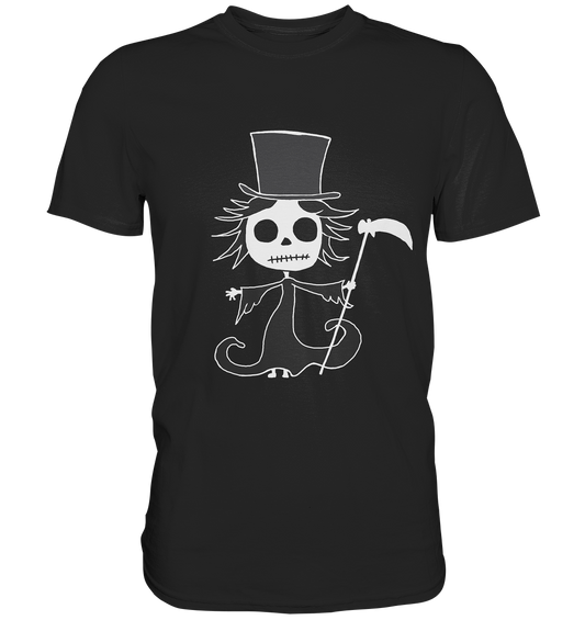 Schwarzes Shirt mit kleinem Gothic Sensemädchen mit Zylinder und Sense
