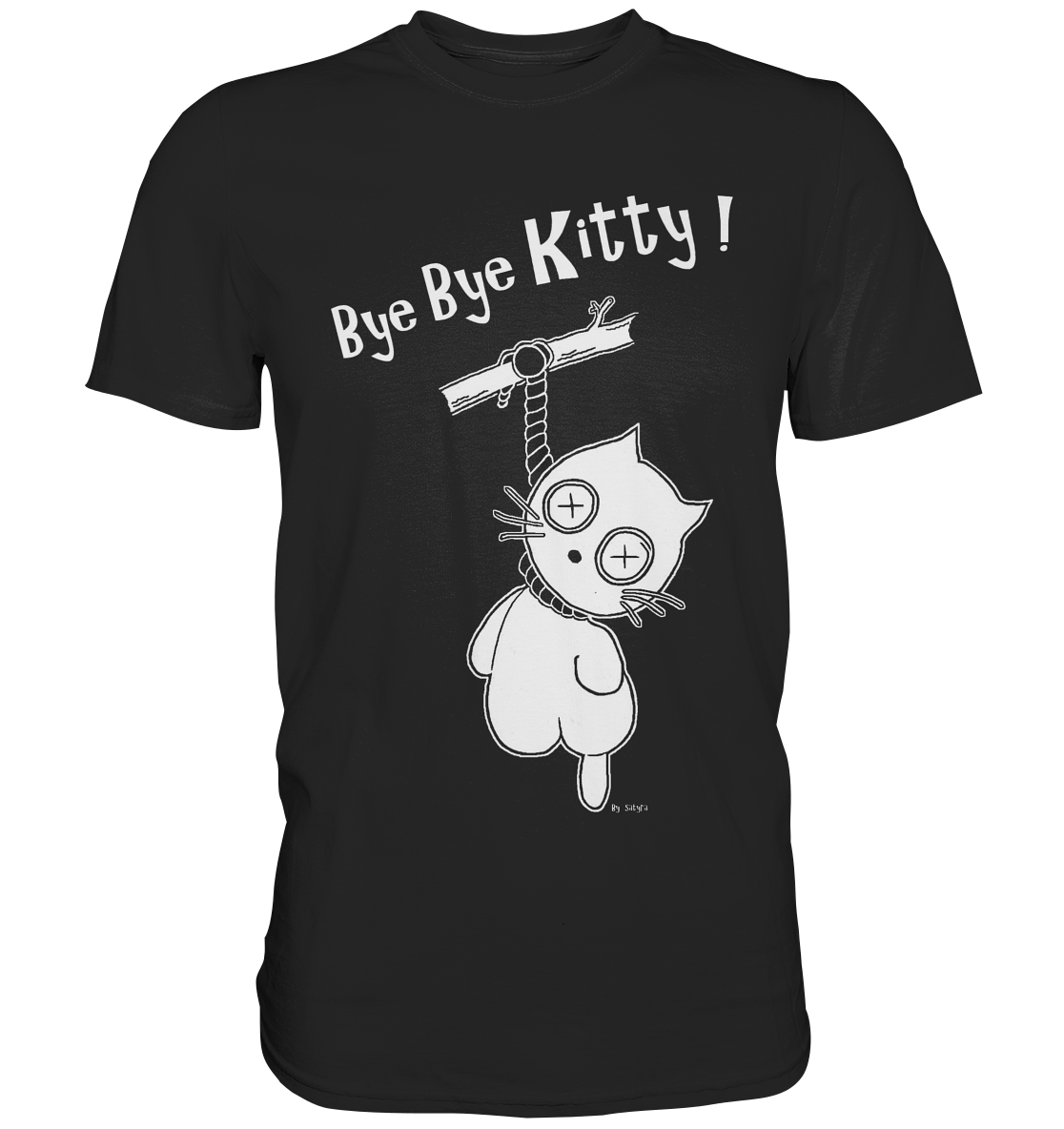 Schwarzes T-Shirt mit makaberem Motiv: erhängte Kitty – schwarzer Humor, provokant und anti-kitsch.