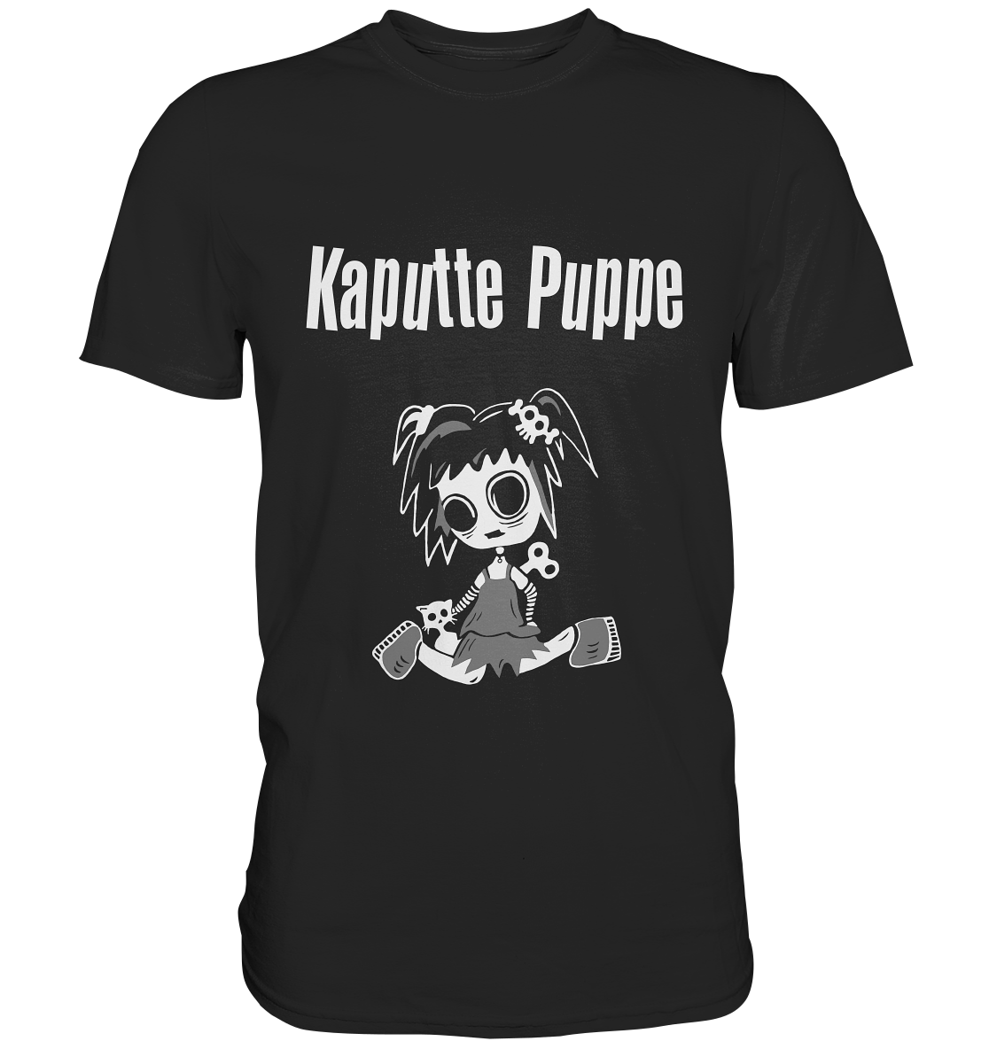 Schwarzes Shirt mit kaputter Gothic-Puppe und Schriftzug Kaputte Puppe