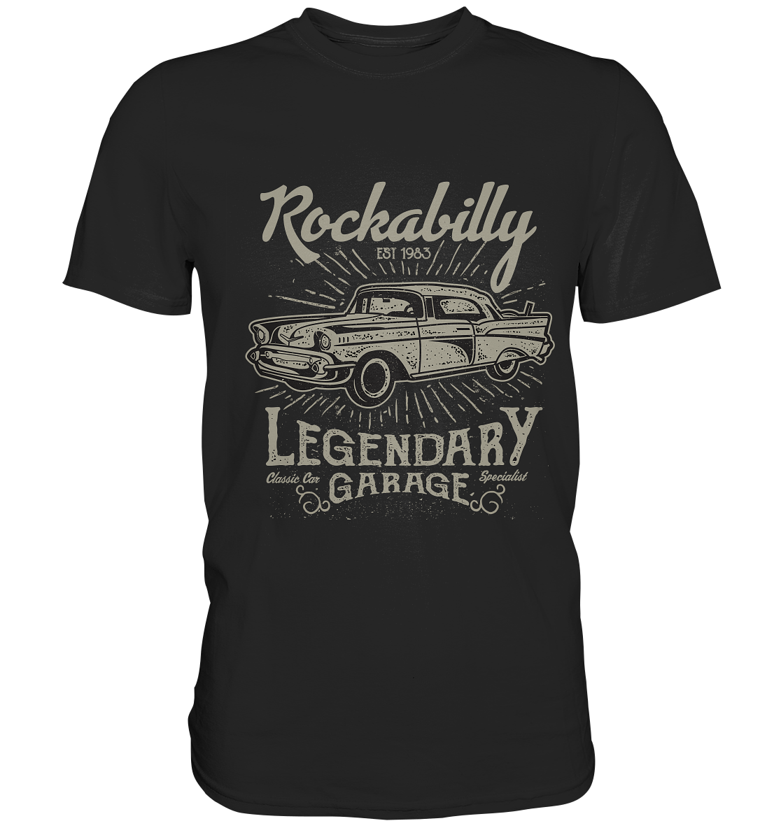 Schwarzes T-Shirt mit Retro Muscle Car und Schriftzug „Rockabilly Legendary Garage“, Rockabilly Vintage Design.