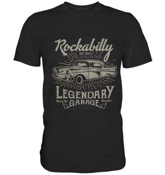 Schwarzes T-Shirt mit Retro Muscle Car und Schriftzug „Rockabilly Legendary Garage“, Rockabilly Vintage Design.