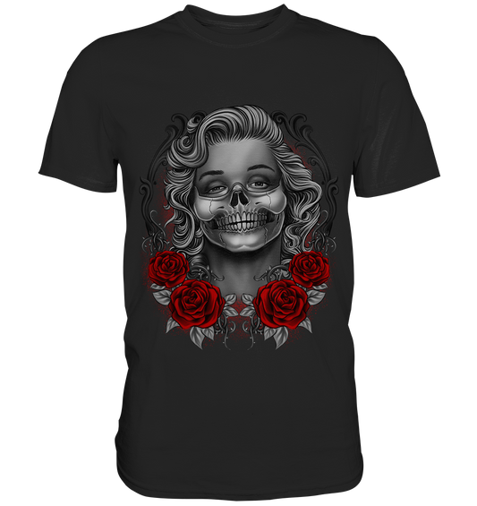 T-Shirt mit Skull und Rosen Tattoo Design „Monroses Skull“, Gothic-Style, hochwertiges Baumwollshirt für Damen und Herren.