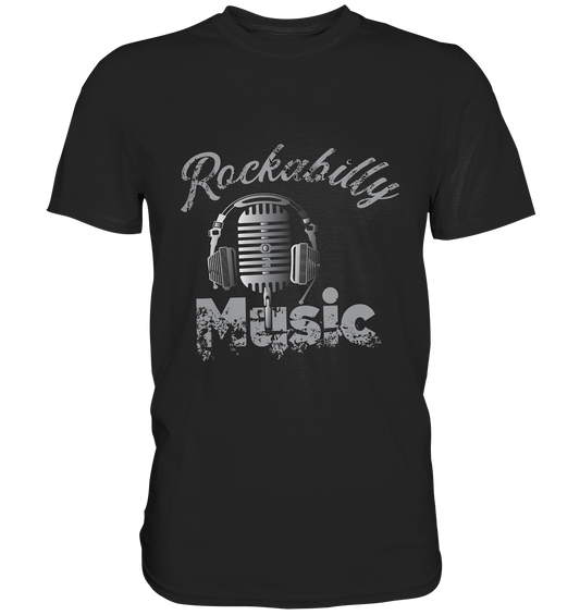 Schwarzes Shirt mit Vintage-Mikrofon im 50s Rockabilly Style und „Rockabilly Music“-Schriftzug.
