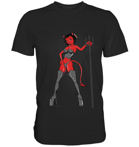 Schwarzes T-Shirt mit sexy Teufelin ohne Text – Girl mit Hörnern im verführerischen, frechen Stil.
