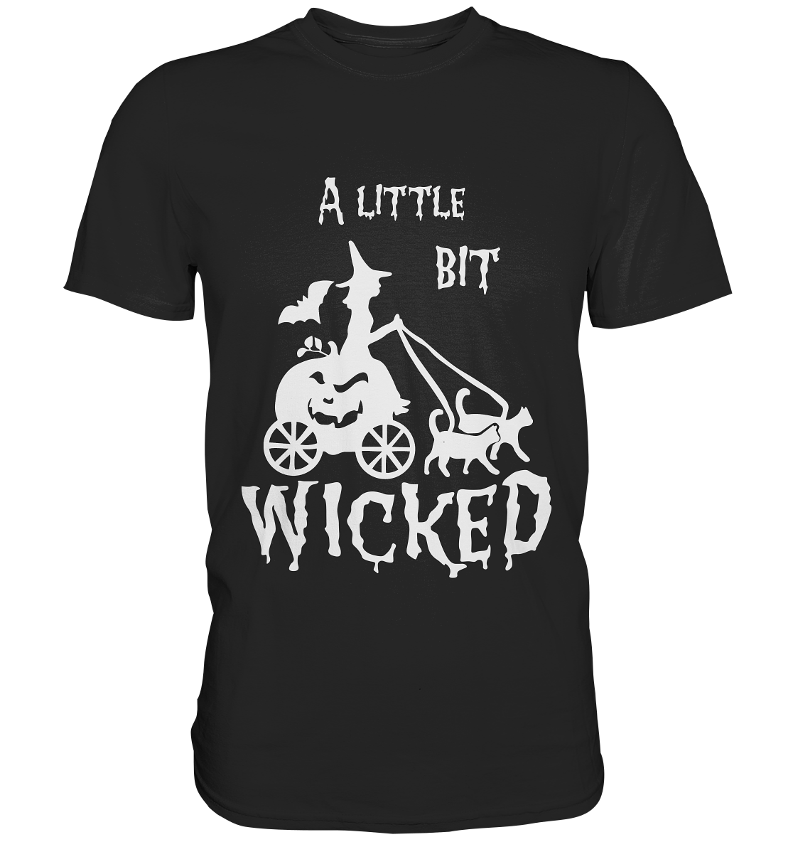 Schwarzes Shirt mit niedlicher Hexe, vorgespannten Katzen und dem Spruch „A little bit wicked“, Halloween-Design.