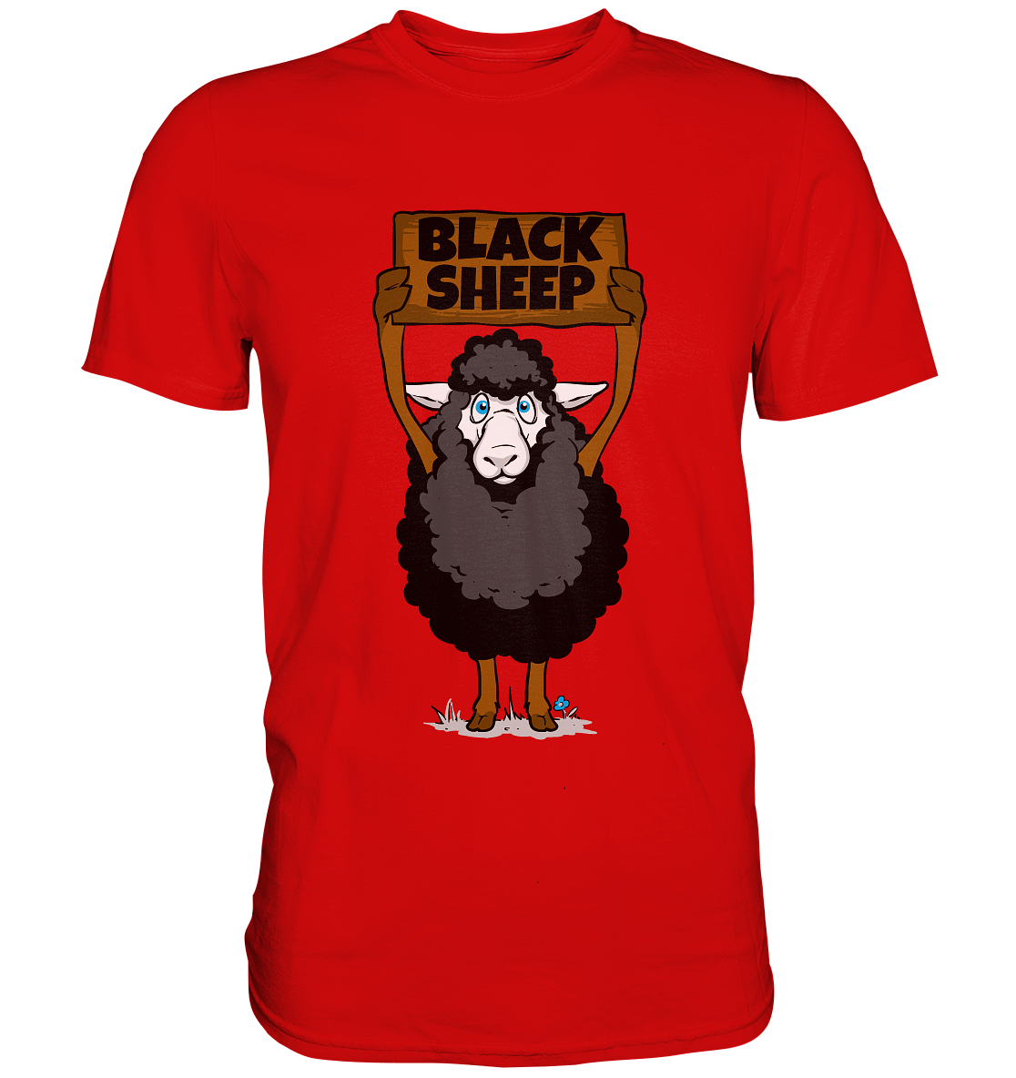Rotes T-Shirt mit schwarzem Schaf als Motiv – freches Statement für Individualisten.